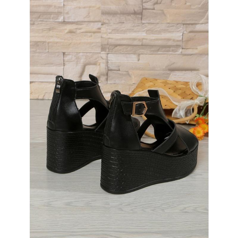 Plus-size platform high-heeled sandals for women, new summer style, wedge heel, peep toe, back zipper Roman sandals