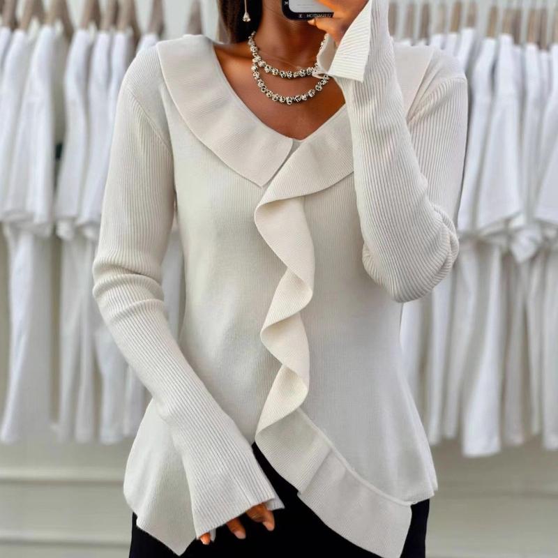

Женская мода повседневная осень-зима однотонный принт длинный рукав V-образный вырез свитера One Size белый