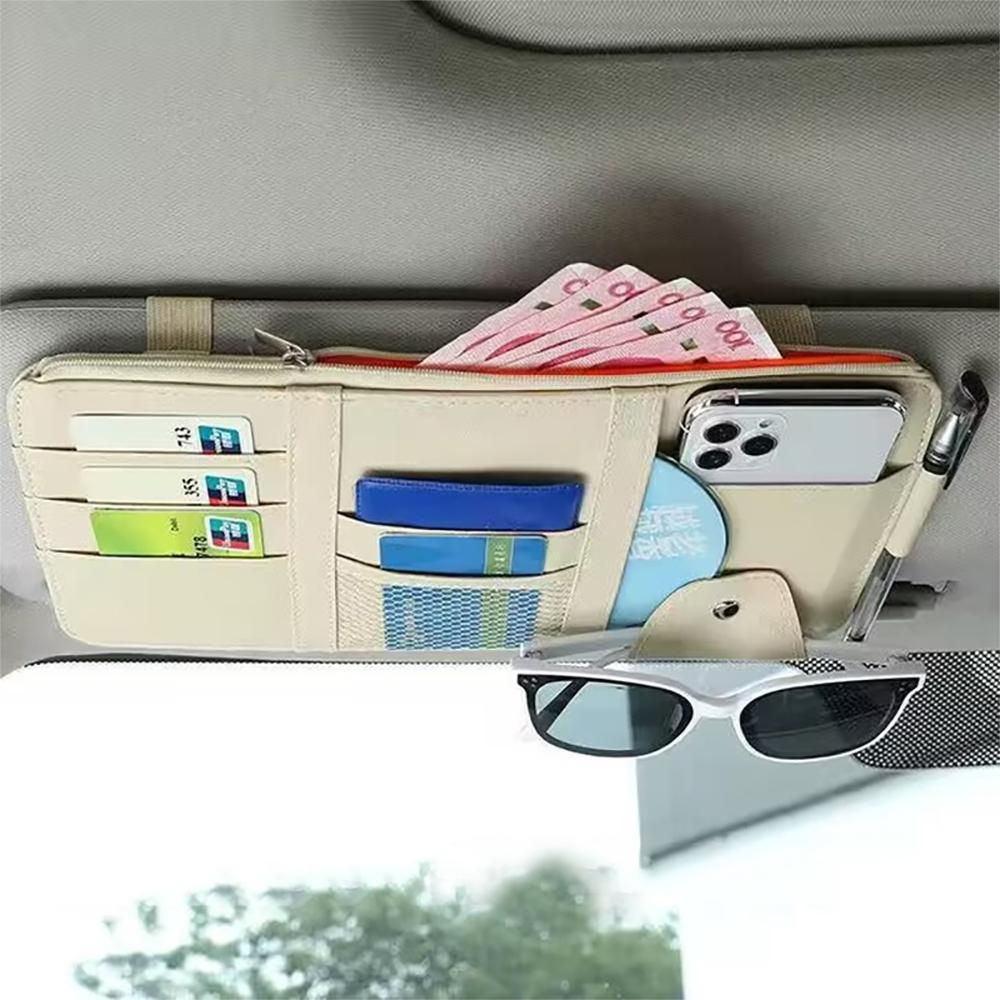 Car Glasses Storage PU Leather Multi-Function Sun Visor Point Organizer Storage Pocket Auto Sunglasses Holder Cards Organizer