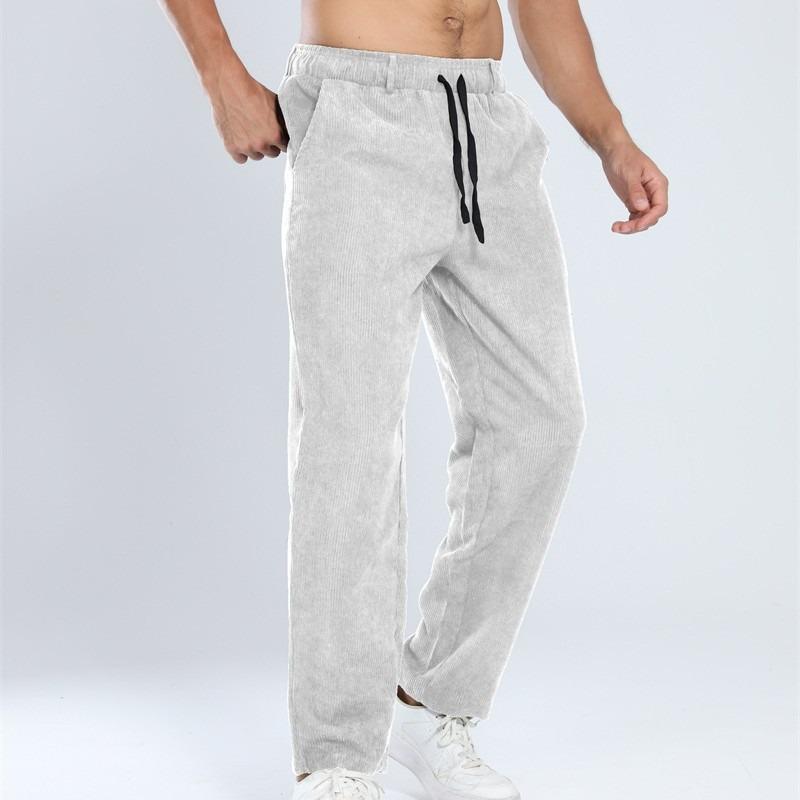 Men Corduroy Wide Leg Pants Elastic Waist Drawstring Casual Trousers S серый