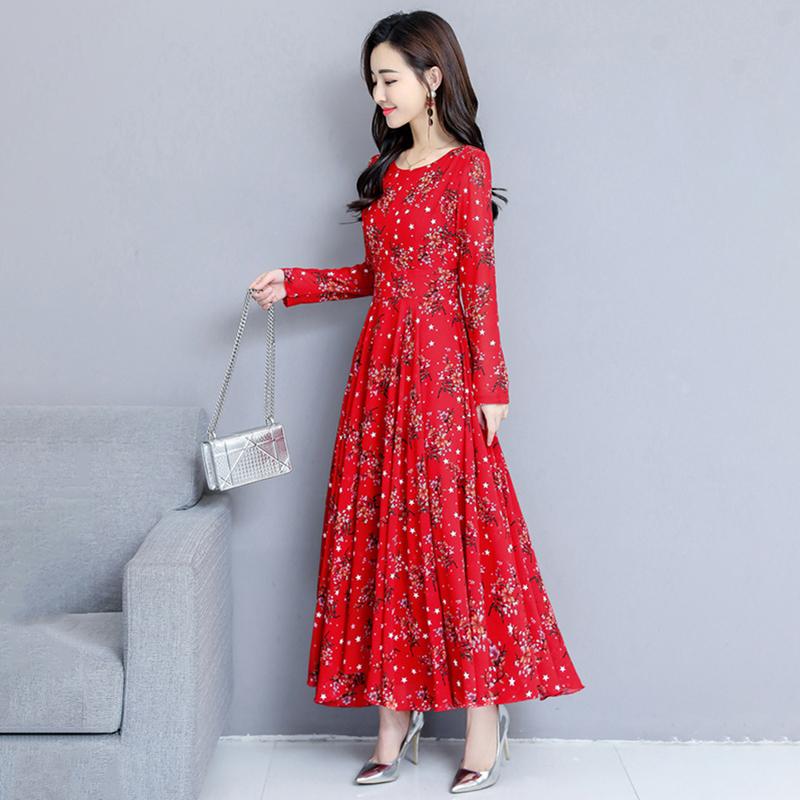 Rochie evazată florală elegantă Rochie de plajă cu mânecă lungă cu gât rotund Fustă A-Line imprimată