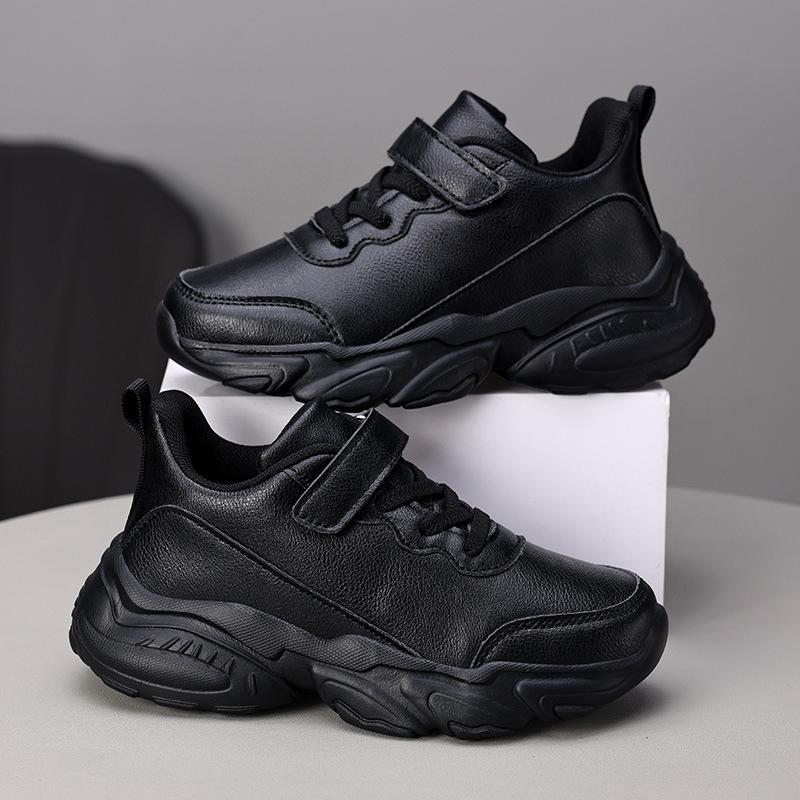 Kids' Lightweight Soft Sole Running Shoes - New Spring Leather Surface Black Casual Sneakers for Boys