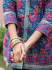 Blue Floral Print Mandarin Collar Pintucks Top