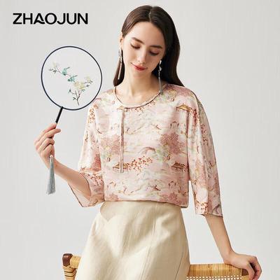 Zhaojun Women's Chinese Style Mulberry Silk Blend Printed T-Shirt