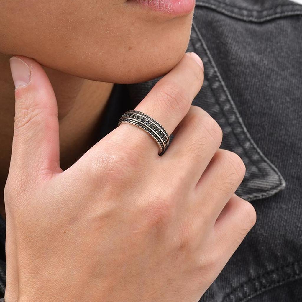 Fashion Tire Texture Black Cubic Zircon Open Ring for Men, Silver Color Metal Chunky Ring, Vintage Punk Finger Jewelry Gifts