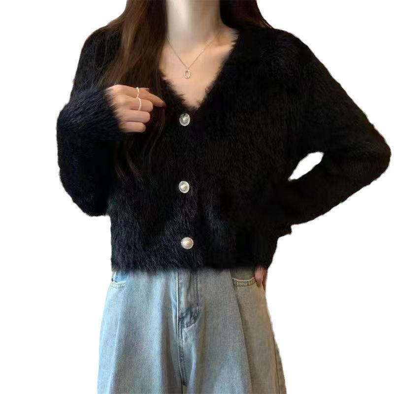 V-neck Faux Mink Velvet Short Knit Cardigan - Women's Autumn/Winter Outerwear