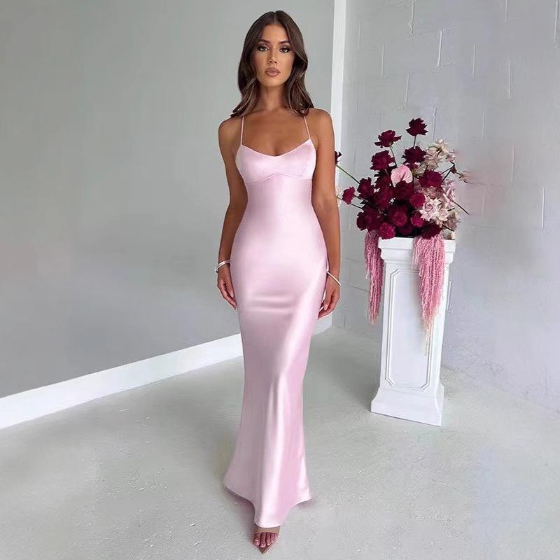 New Women's Sexy Suspender Satin Fashion Halter Strap Waist Evening Dress Dress