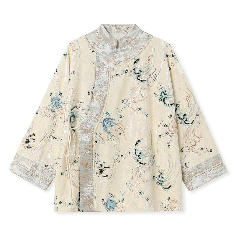 

Spring fashion embroidered sequined stand-up collar jacket women s new Chinese high-end temperament top P S абрикосовый