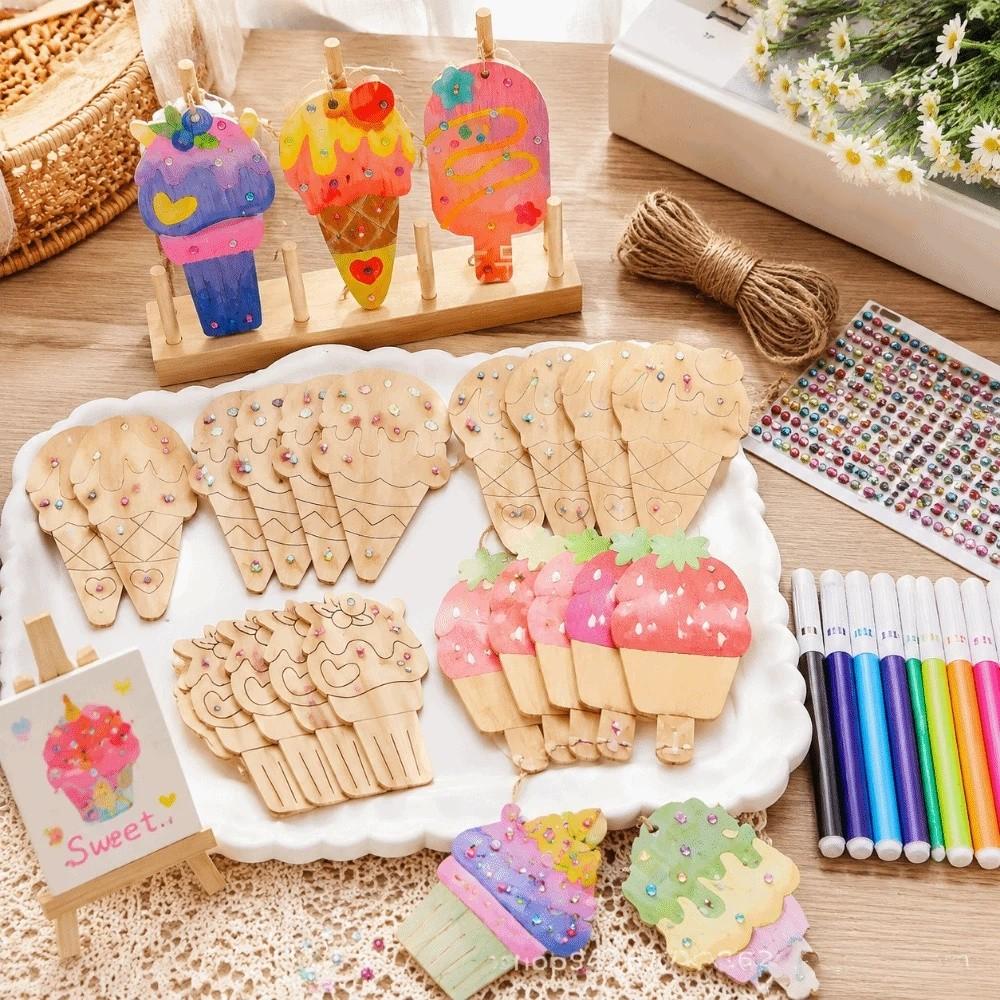 Handmade Ice Cream Graffiti Kit Wooden Ice Cream Pendant Hand Drawn DIY Graffiti Set Decorations