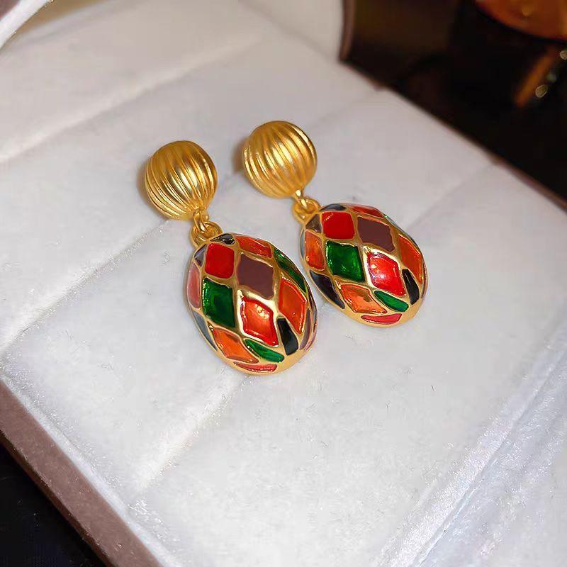 Pinkdudu Vintage Silver Needle Oval Enamel Colored Glazed Drop Earrings Luxurious Classical Court Style Dangle earrings for Women PD2136