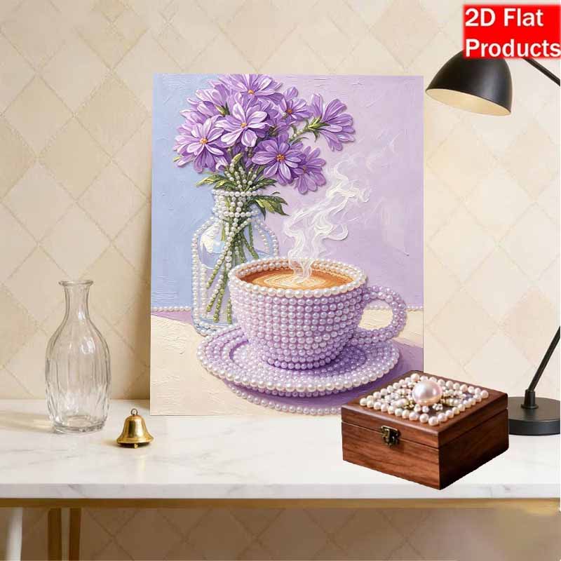 DIY Frameless Pearl Painting Kit Purple Coffee Cup and Floral Vase 3D Shiny Bead Art Canvas Relaxing Craft for Home Wall Decor Gift