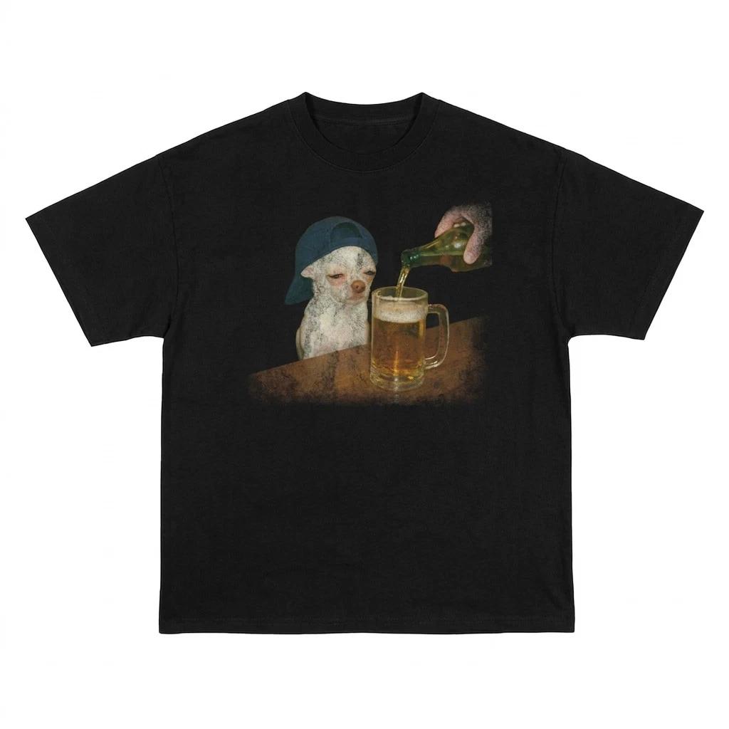 Funny Dog Drinking Beer Shirt Cute Dog Meme Graphic Tee Cool Puppy Unisex Shirt L