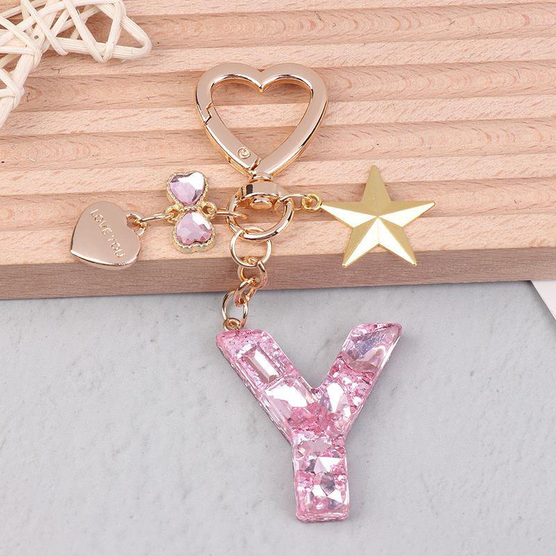 Cute  Bling Keychain A To Z Initial Letter Love Heart Star Pink For Women Girls Bag Cup Pendant Key Chain Accessories