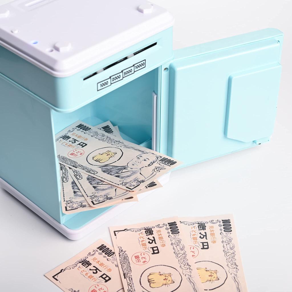 Niebieska skarbonka świnka Lucky Lotto z banknotami, angielskie rymowanki i muzyka, dołączona japońska instrukcja, w kształcie bankomatu, dla dzieci