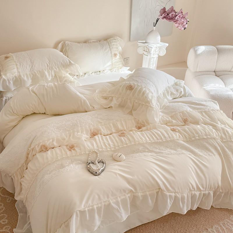 Korean Princess Style Cotton Bedding Set Lace Trim 3D Flower Duvet Cover Sheet Bedspread