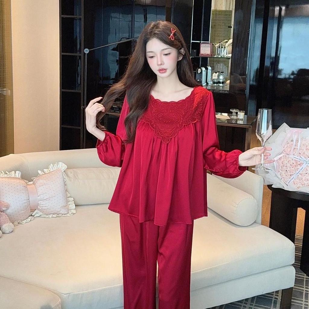 Spring Sweet Princess Lace Ice Silk Pajamas: Women's Loose Korean Court Style, Long Sleeve Pullover Top and Pants Set