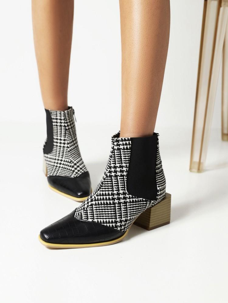 European and American snake pattern color matching thick heel small square head side zipper women's short boots
