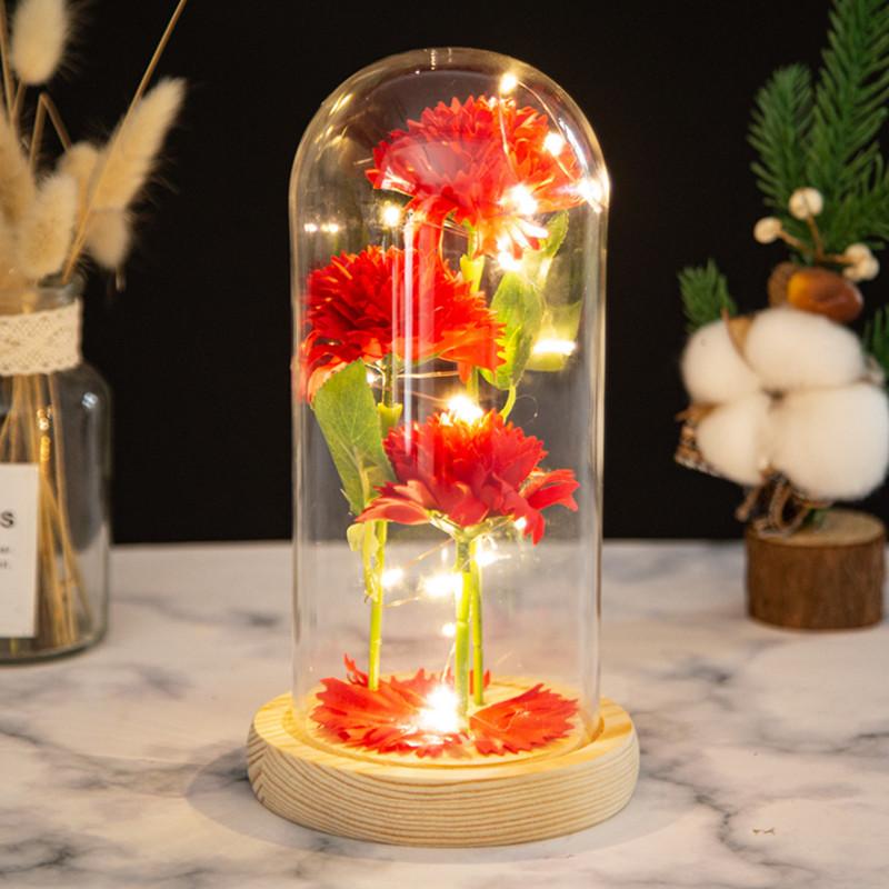 Three Carnations Glass Cover Ornament Mother's Day Gift Simulated Flower LED Luminous Small Gift Merchandise