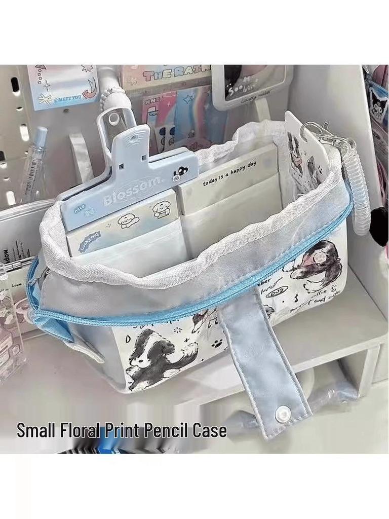 Cream Blue Large Capacity Multifunctional Pencil Case and Makeup Bag with Puppy Design