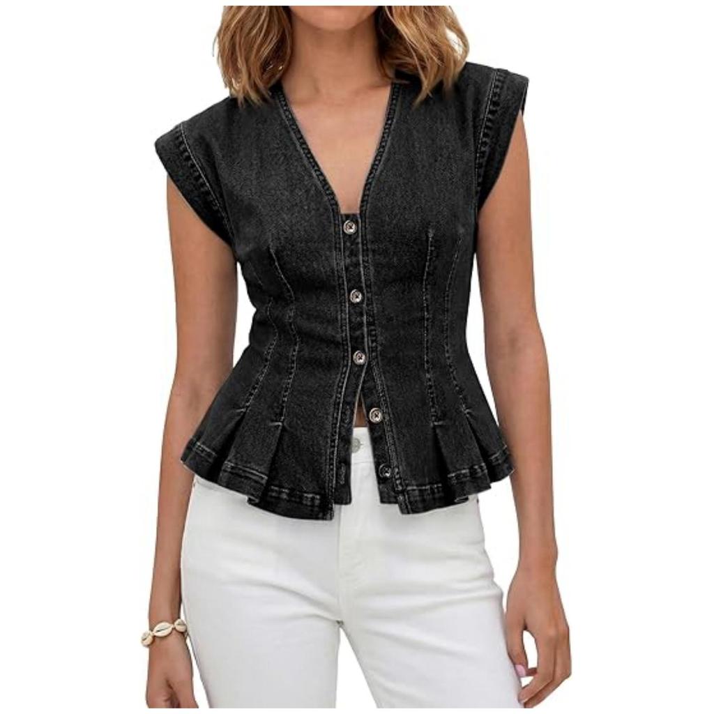 Women's V-neck Button-up Slim Fit Pleated Denim Vest Top