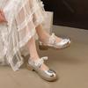 Retro Silver Heightening Pumps Thick Bottom Shallow Mouth Single Shoes Women Spring Autumn Lace Bow Middle Heel  Mary Jane Shoes