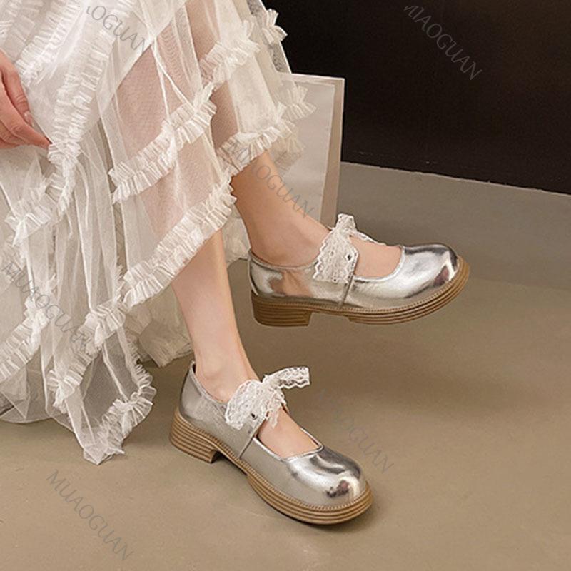 Retro Silver Heightening Pumps Thick Bottom Shallow Mouth Single Shoes Women Spring Autumn Lace Bow Middle Heel  Mary Jane Shoes