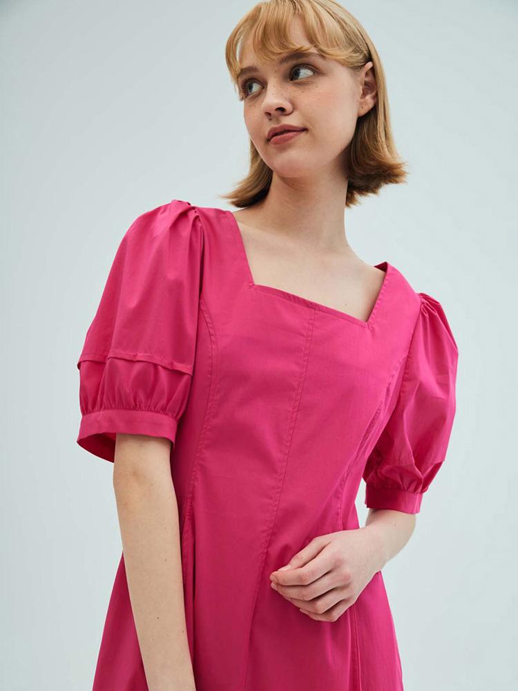 Opening Sunshine Square Neck Puff Sleeve Flare Dress_Hot Pink