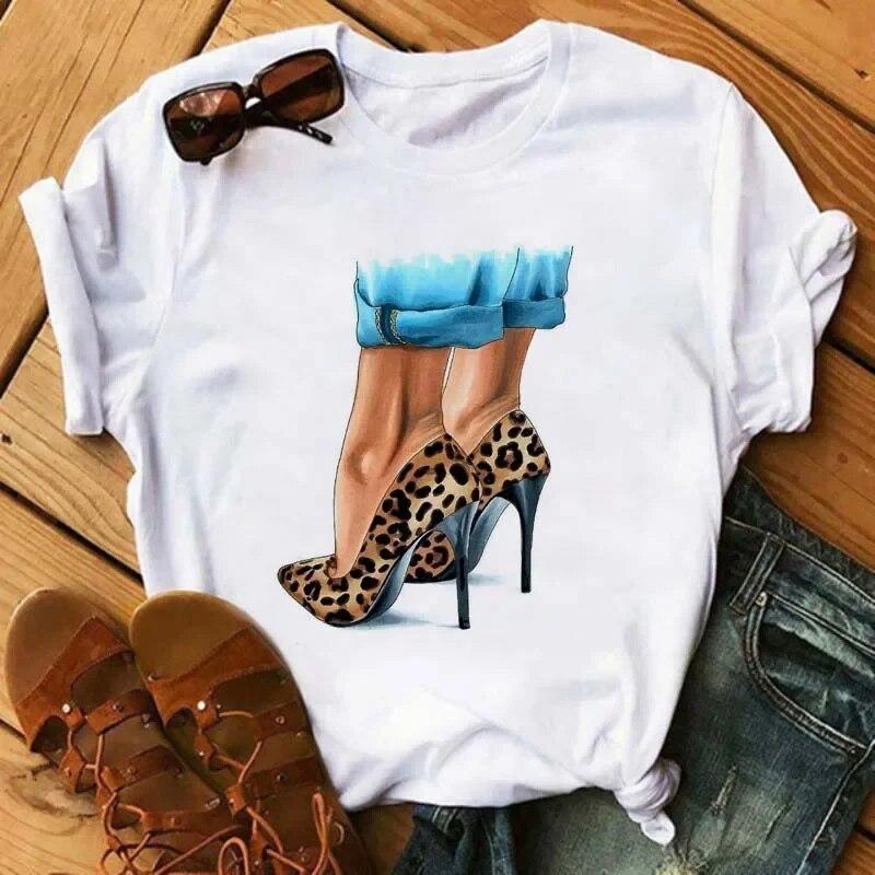 Maycaur Pinke High Heels Blumen Taschendruck T-Shirt Damen Trendy Hipster Harajuk Kawaii Kurzarm Oberteile T-Shirt Femme Kleidung Unisex