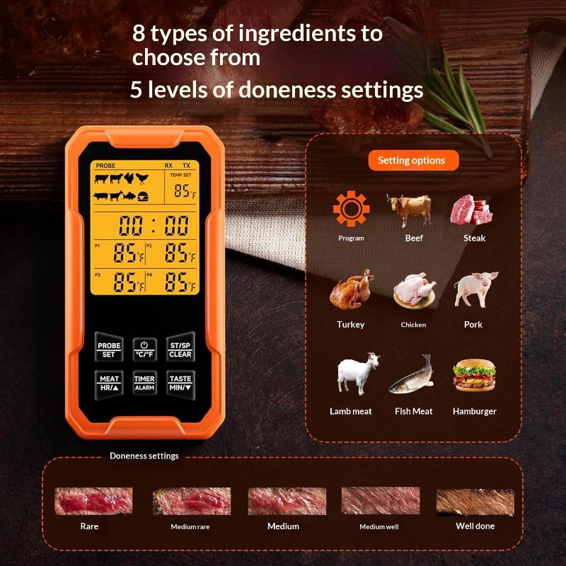 Draadloze Vleesthermometer Afstandsbediende Vleesthermometer Met 4 Sondes Snel En Nauwkeurig Direct Afleesbaar Vooringestelde Temperaturen En Slimme Waarschuwingen