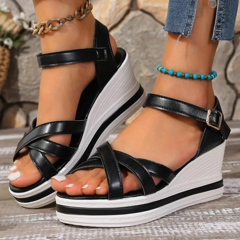Fashion 2025 Buckle Strap Women's Sandals Open Toe Wedge Heel Fashion Platform Summer Casual Sandals Comfortable Plus Size Shoes Ladies