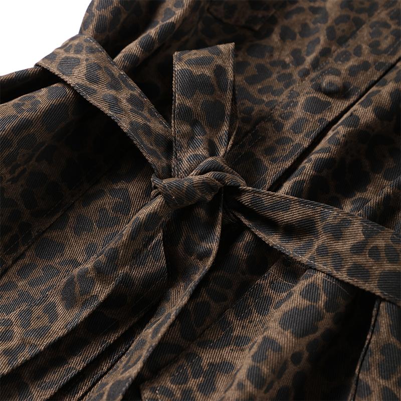 Vintage Damen Schnürjacke Leopardenmuster Kurzjacke Mode Slim Reverskragen mit Taschen Mantel Neu Herbst Damen Oberbekleidung