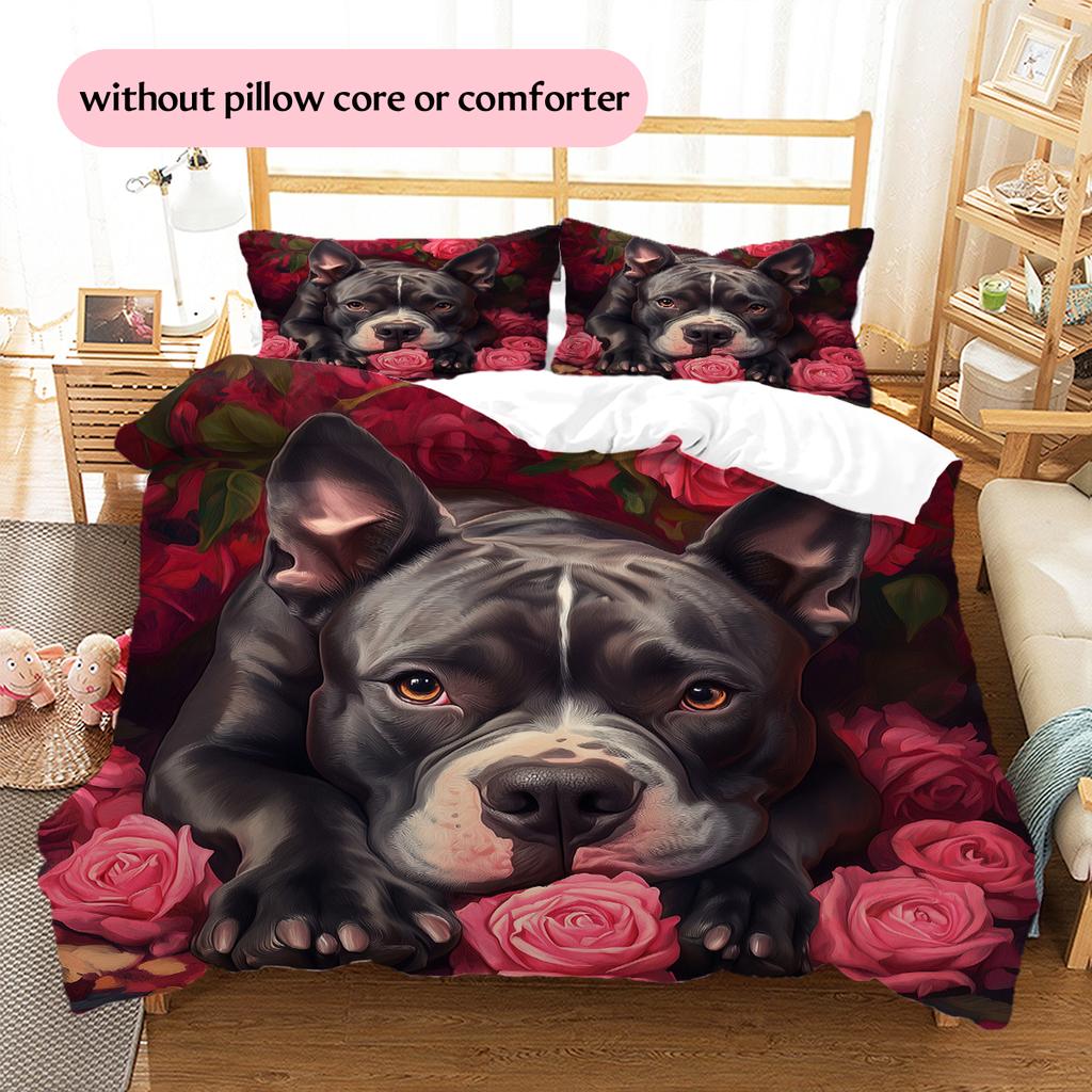 Pitbull and roses Pattern Bedding Home Decoration Birthday Gift (1 * duvet cover + 2 * pillowcase, without core)
