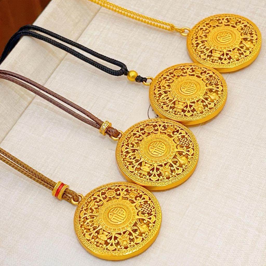 Retro Gold Flower Silk Fu Character Compass Pendant Necklace