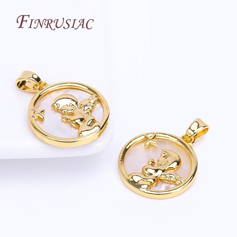 18K Real Gold Plated Natural Shell Round Charms DIY Handmade Jewelry,Angel Praying Suspension Pendant For Necklace Making