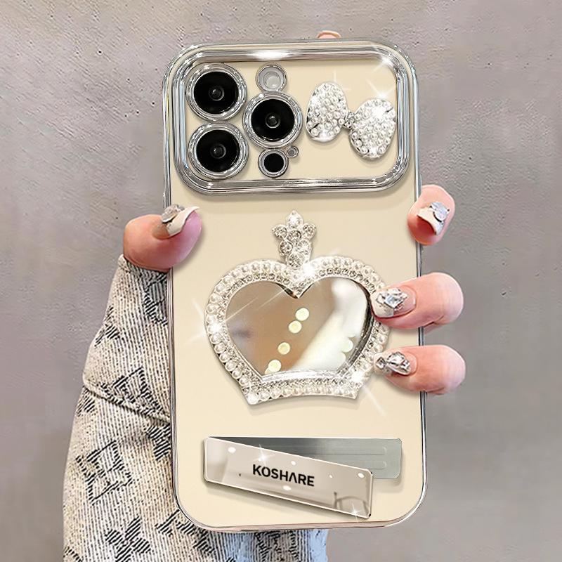 

Зеркало-корона Бант Кукла Цепочка Подходит для чехла для мобильного телефона Apple 16 с подставкой 15 Гальваническое покрытие Большое окно 14 Женщины iphone 14 pro