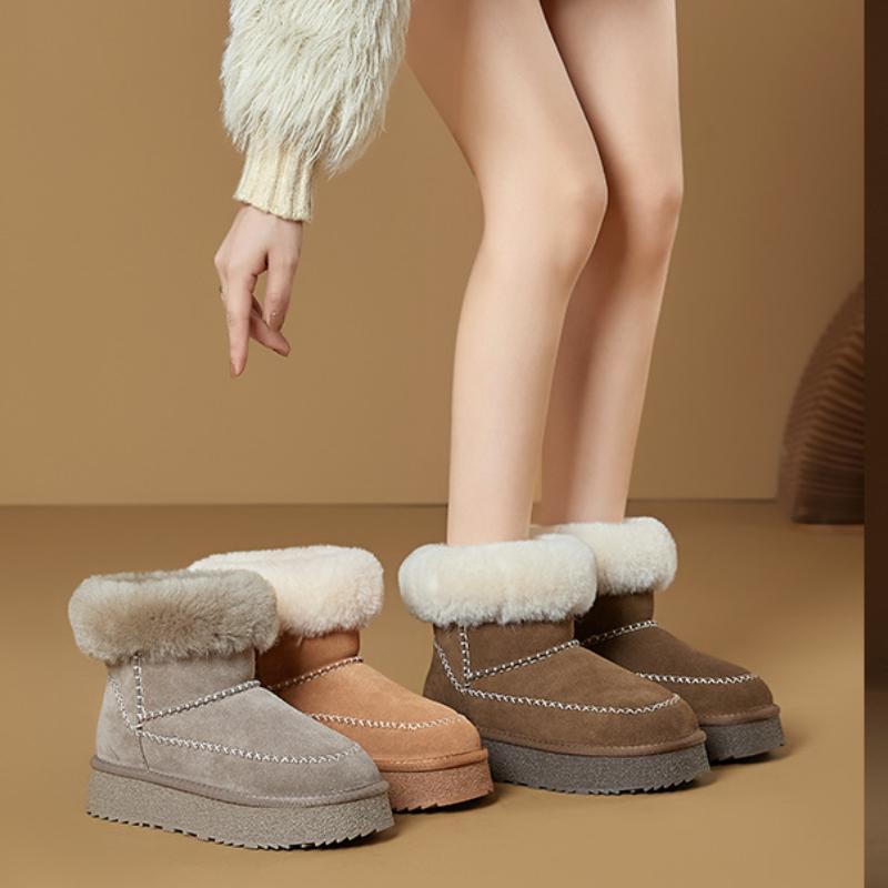 Winter Warm Women Plush Genuine Wool Leather Snow Boots Height Increase Fleece Lined Retro Short Ankle Fashion Women's Boots