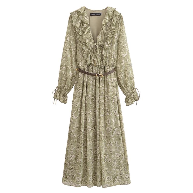 LYRIA Dresses Women's New Chiffon Print V-neck Chic Slim Long Dress Fashion Elegant Holiday Street Women's Dress