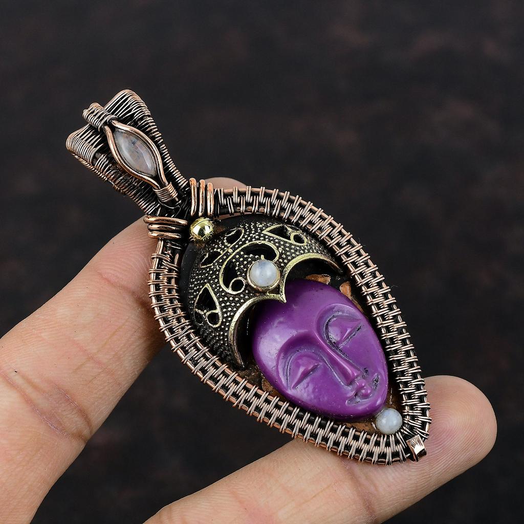 Purple Carved Bone Face Pendant Copper Wire Wrapped Gemstone Pendant Rainbow Moonstone Pendant Copper Jewelry For Gift Handmade Boho Jewelry