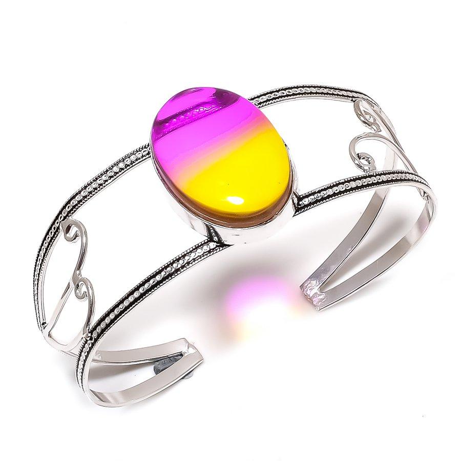 

Natural Bi-Color Tourmaline Gemstone 925 Sterling Silver Cuff Bangle Adj W8y14