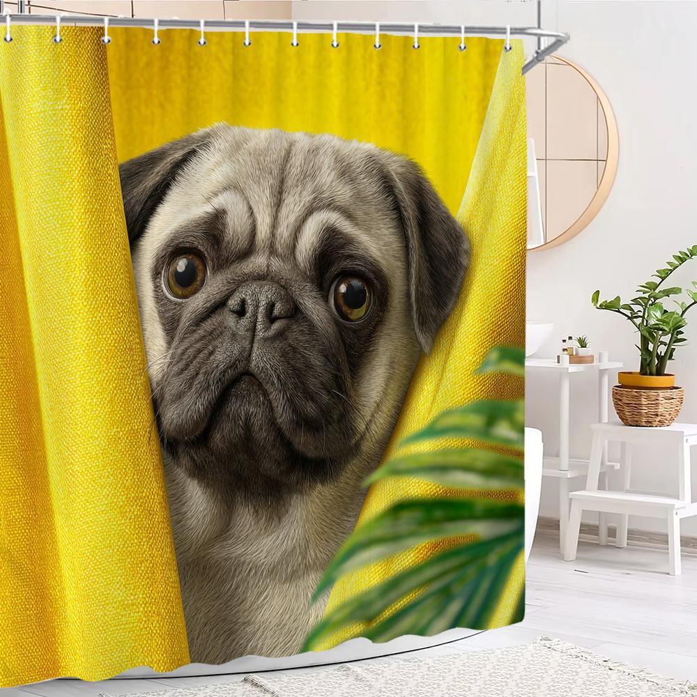 1pc Cute Cat Shower Curtain,Modern Printed Cartoon Animal Dog Bathroom Curtain,Home Polyester Decoration Curtain With Hooks