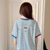 Striped contrasting color short-sleeved t-shirt women's summer loose casual crew neck versatile American retro half-sleeved top lazy style