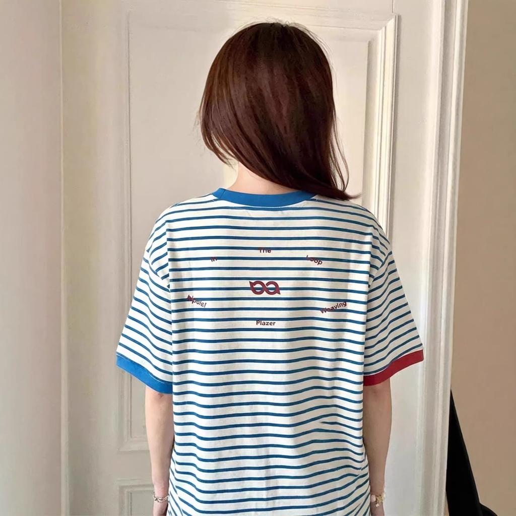 Striped contrasting color short-sleeved t-shirt women's summer loose casual crew neck versatile American retro half-sleeved top lazy style