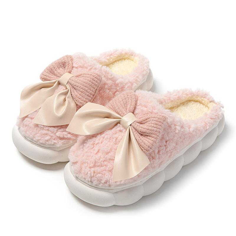 Winter Bow  Women Slippers Home Fur Slippers Women Warm Cotton Slippers Cute Cow Indoor Thickening Slippers