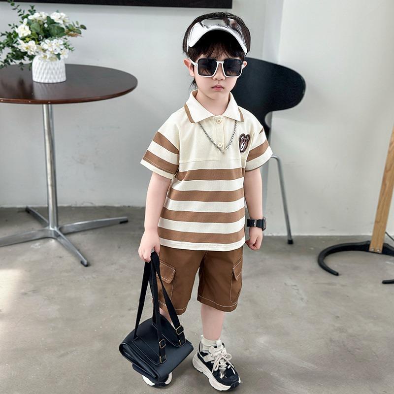 Turn Down Collars Boys Summer Outfits Striped Short Sleeve Cartoon T Shirt Pockets Shorts Fashion Golf Sport Clothes