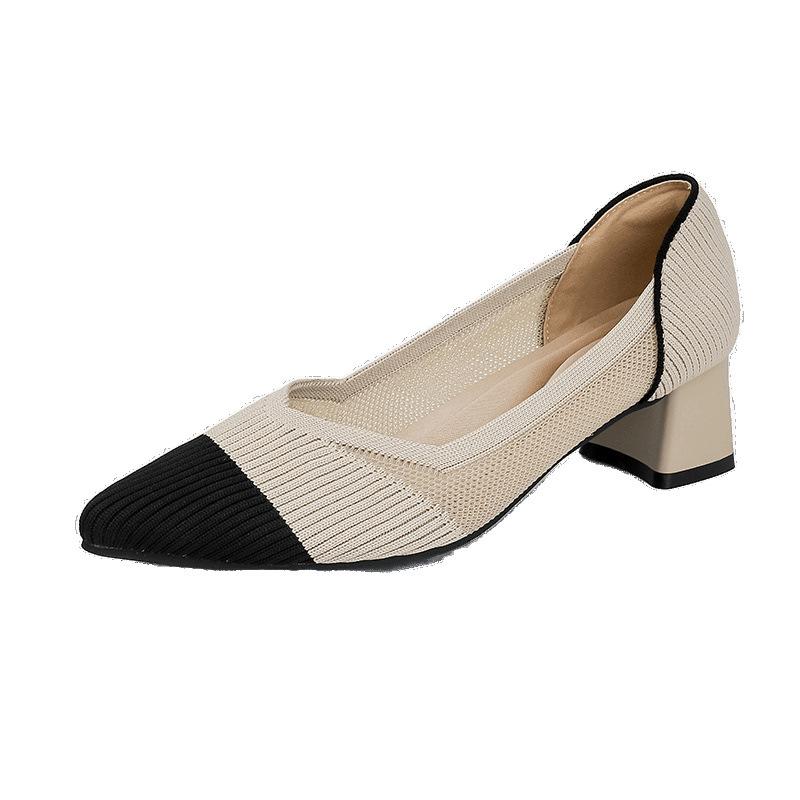Middle heel new pointed head shallow mouth single shoes thick heel knitted flying shoes high heel women's shoes