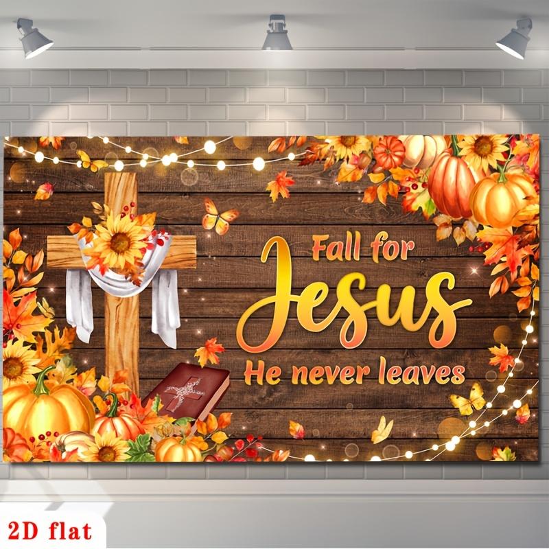 2D plane 1 piece of religious banner featuring Jesus - autumn background of crosses and pumpkin leaveszyc