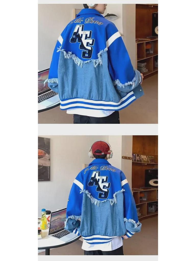 Men's Autumn Denim Patchwork Wool Coat - American High Street Fashion, Hip-Hop Trend, Loose Fit, Unisex.