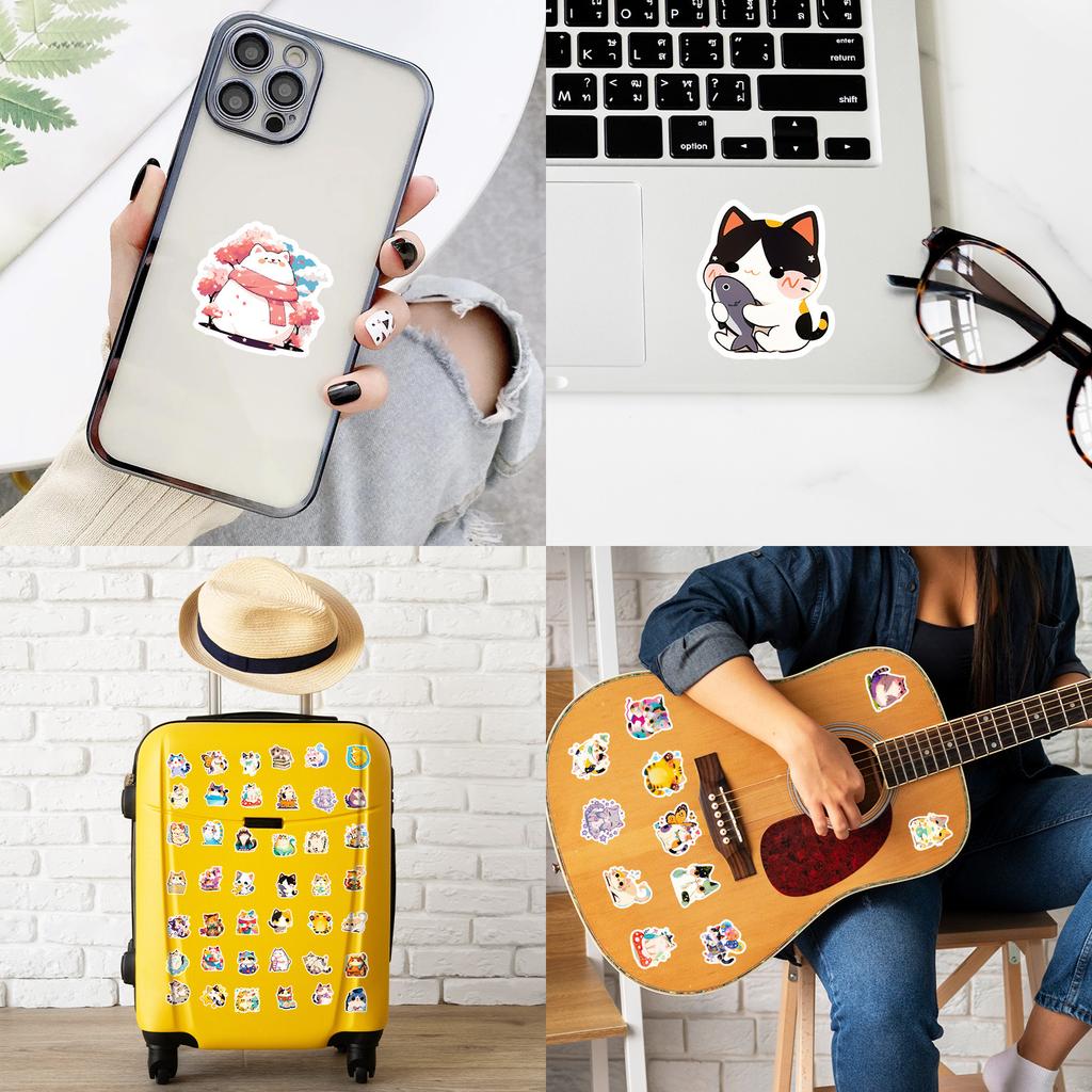 50 Stück Niedliche Aquarell Katzen Aufkleber, Japanische Kawaii Vinyl Aufkleber zum Journaling, für Laptops, Wasserflaschen, Weihnachtsgeschenk für Kinder