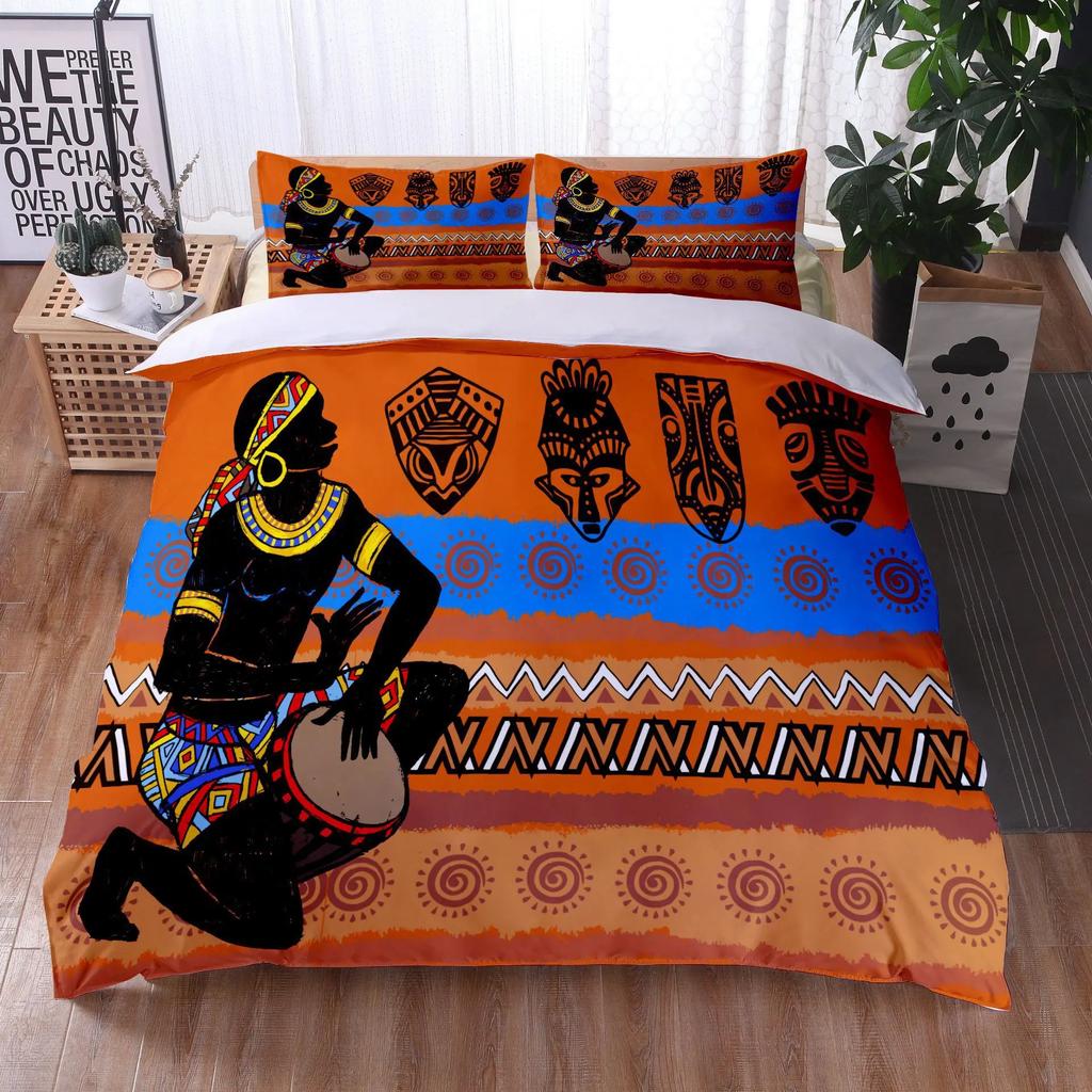 Afrikansk kvinna Sängklädesset Etnisk Afro Påslakan Mikrofiber Afroamerikansk Täcke Set 3 Delar Orange Forntida Öken Full
