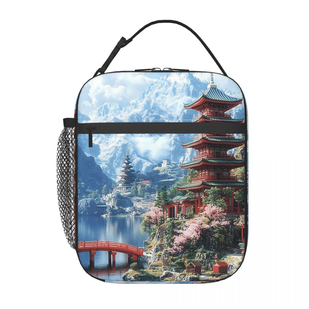 

Japanese Pagoda And Cherry Blossoms Insulated Lunch Bag for Women Kids Leakproof Food Boxes Thermal Lunch Box Tote One Size